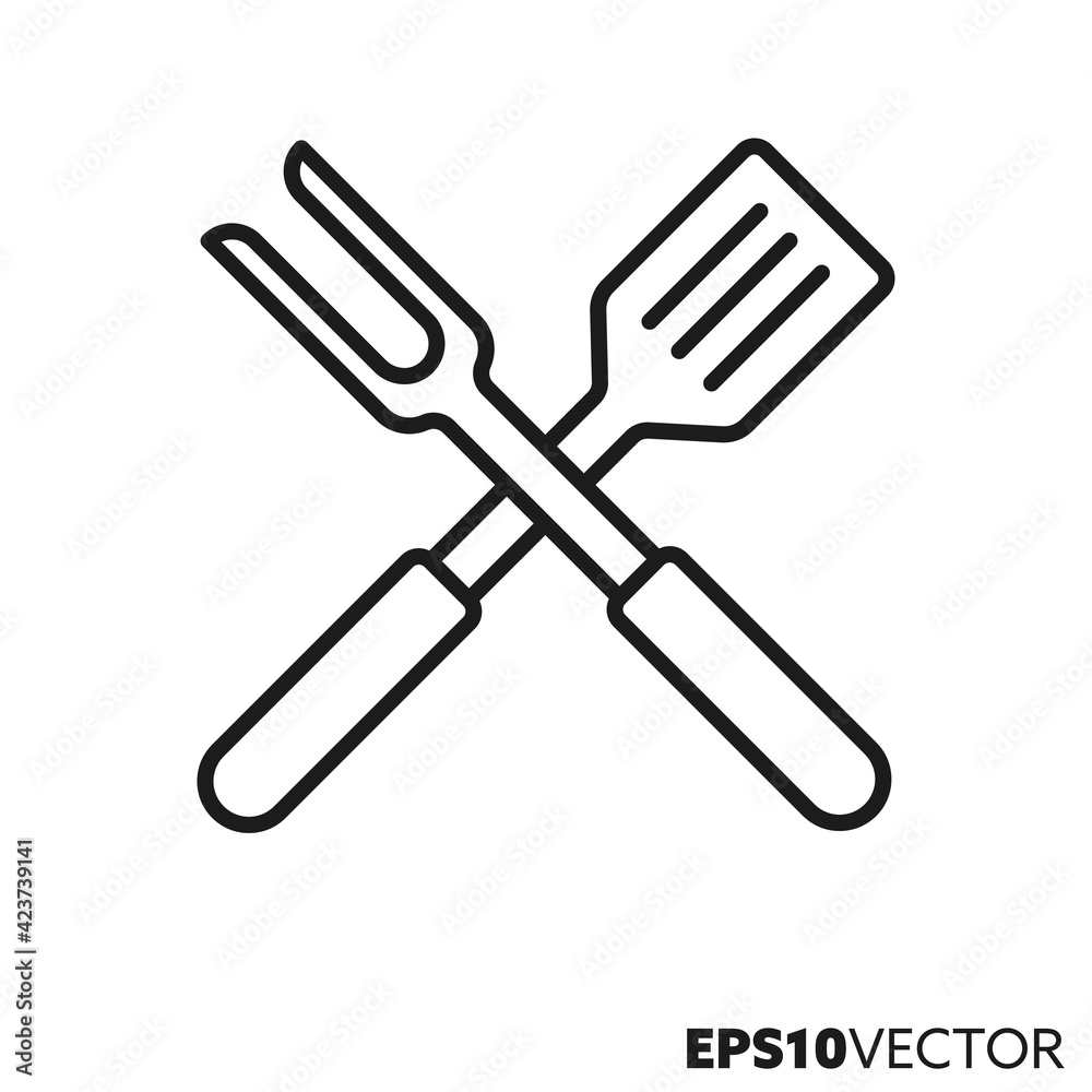 Crossed barbecue utensils line icon. Outline symbol of BBQ and grilling equipment. Spatual and fork flat vector illustration. Crossed barbecue utensils line icon. Outline symbol of BBQ and grilling equipment. Spatual and fork flat vector illustration.