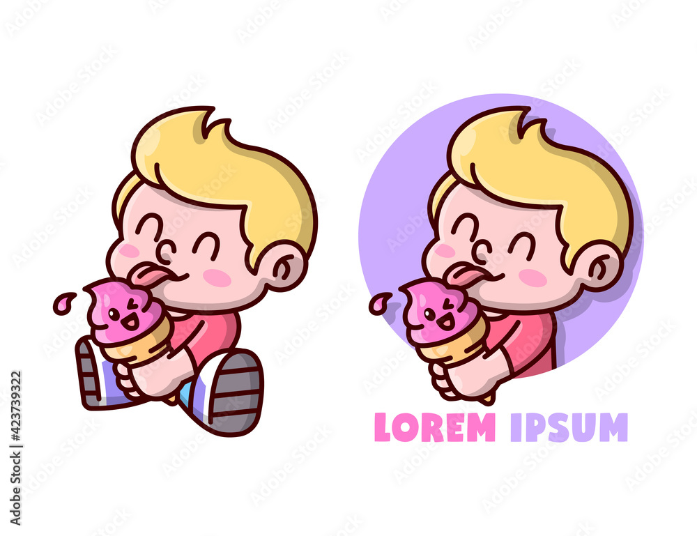 CUTE BLONDE KID IS LICKING A STRAWBERRY ICE CREAM CARTOON MASCOT. CUTE BLONDE KID IS LICKING A STRAWBERRY ICE CREAM CARTOON MASCOT.