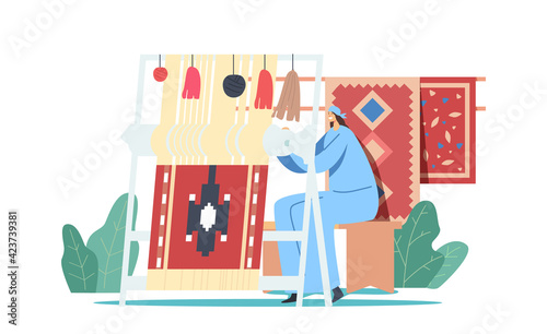 Oriental Woman Weaver Character in Traditional Clothes Working on Handloom Making Carpet with National Ornament