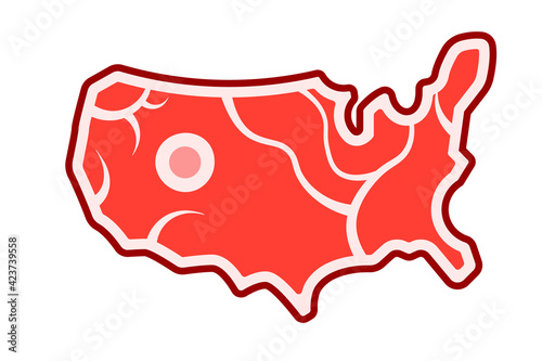 USA shaped steak icon. Illustration of United States map shaped like slice of meat with marbling texture and fat detailing.