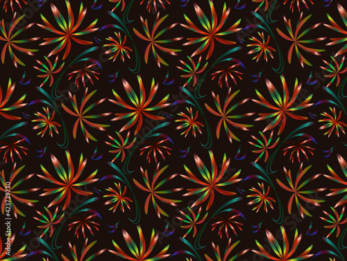 abstract flowers and swirls on a dark background. vector illustration. seamless pattern