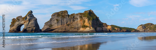 Wharariki Beach and Archway Islands panoramic view, Golden Bay, New Zealand