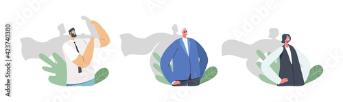 Office Superheroes Male and Female Characters with Shadow in Super Hero Cloaks Stand with Arms Akimbo, Demonstrate Power