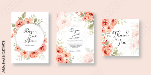 Set wedding invitation card with watercolor flower rose