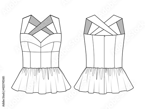 Fashion technical drawing peplum bustier top 