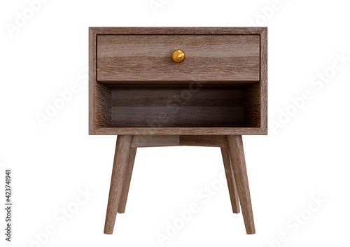 wooden bedside table isolated on white background.