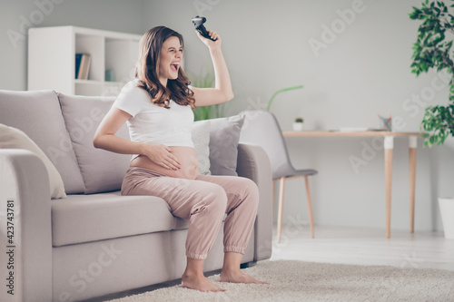 Full size photo of young beautiful excited crazy happy positive smiling pregnant woman play playstation winning at home