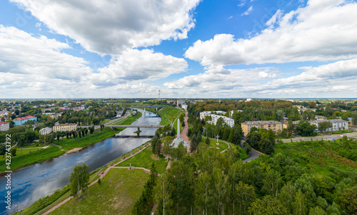 Rzhev, Russia. City center panorama. Aerial view of the Volga and the embankment photo