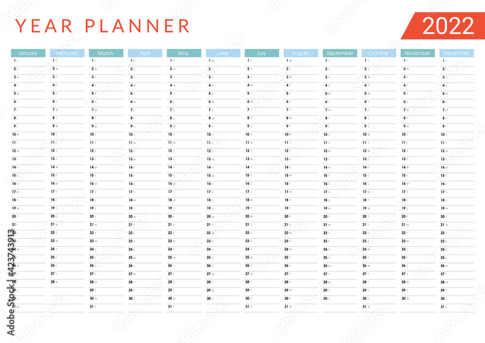 2022 Yearly planner. Wall calendar design template. Horizontal annual worldwide printable planner. Blue. white.red. Vector Stock Vector | Adobe Stock