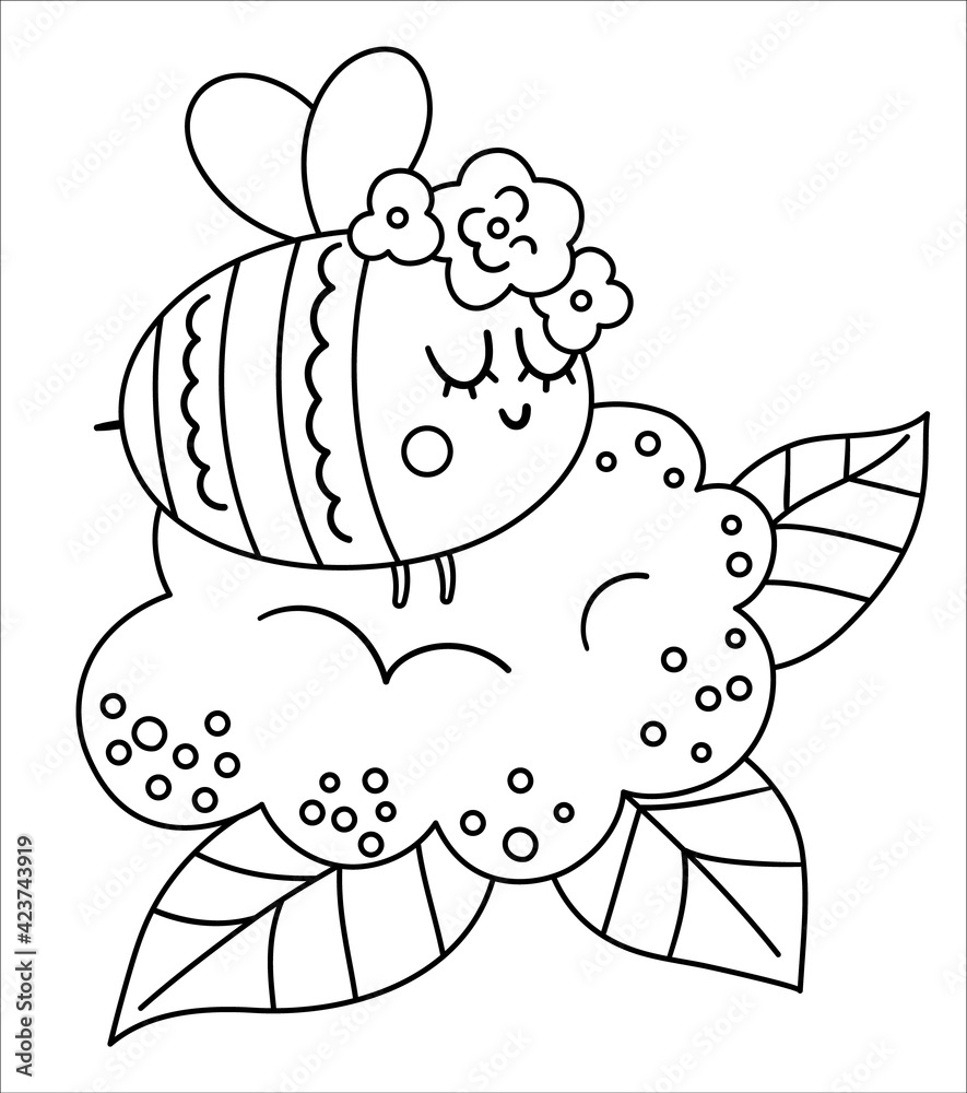Obraz premium Vector bohemian bumblebee with flowers on head. Woodland black and white insect isolated on white background. Boho forest floral composition with animal. Forest coloring page..