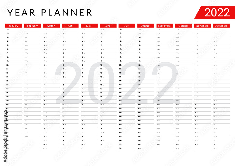 2022 red wall yearly planner calendar design template horizontal