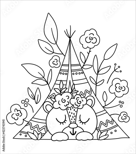 Vector bohemian bear sleeping in wigwam with flowers on head. Woodland black and white animal isolated on white background. Boho forest floral composition. Forest coloring page..