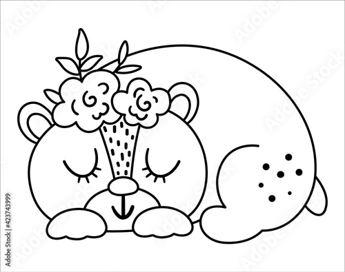 Vector black and white sleeping bear with flowers on the head. Cute bohemian style woodland animal line icon isolated on white background. Sweet boho forest illustration for card or print design..