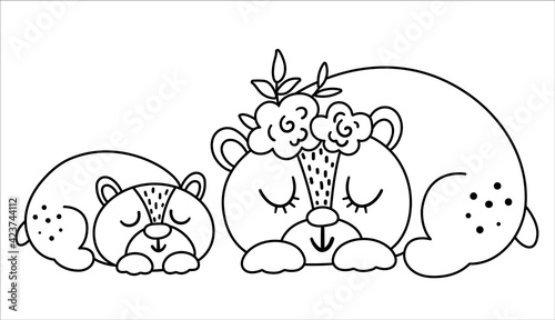 Vector black and white baby bear with parent. Funny bohemian style woodland animal scene showing family love. Cute boho illustration for card, print, stationery design. Forest line icon.