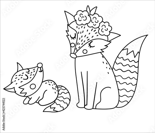 Vector black and white baby fox with parent. Funny bohemian style woodland animal scene showing family love. Cute boho illustration for card, print, stationery design. Forest line icon.