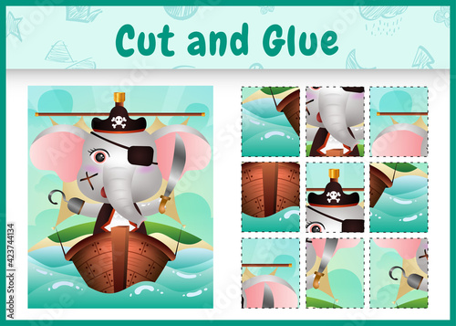 Children board game cut and glue themed easter with a cute pirate elephant character illustration on the ship