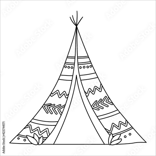 Vector black and white boho wigwam. Bohemian teepee line icon isolated on white background. Contour native American hut illustration..