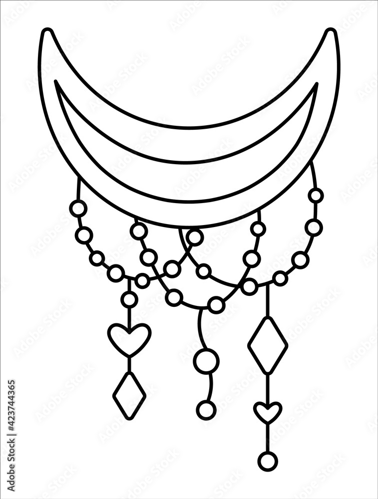 Fototapeta premium Vector black and white boho crescent with pendants. Bohemian horizontal half moon line icon isolated on white background. Celestial outline illustration with stars..