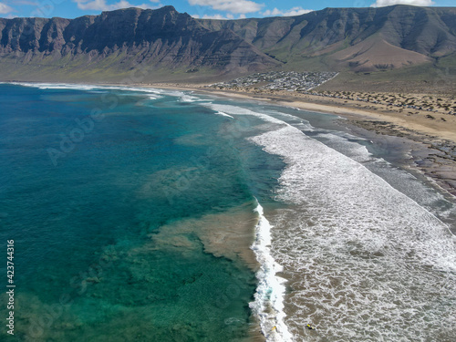 Aerial view of Famara beach at Lanzarote on Canary islands, Spain