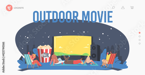 Characters Spend Night with Friends at Outdoor Movie Theater Landing Page Template. People Watching Film on Big Screen