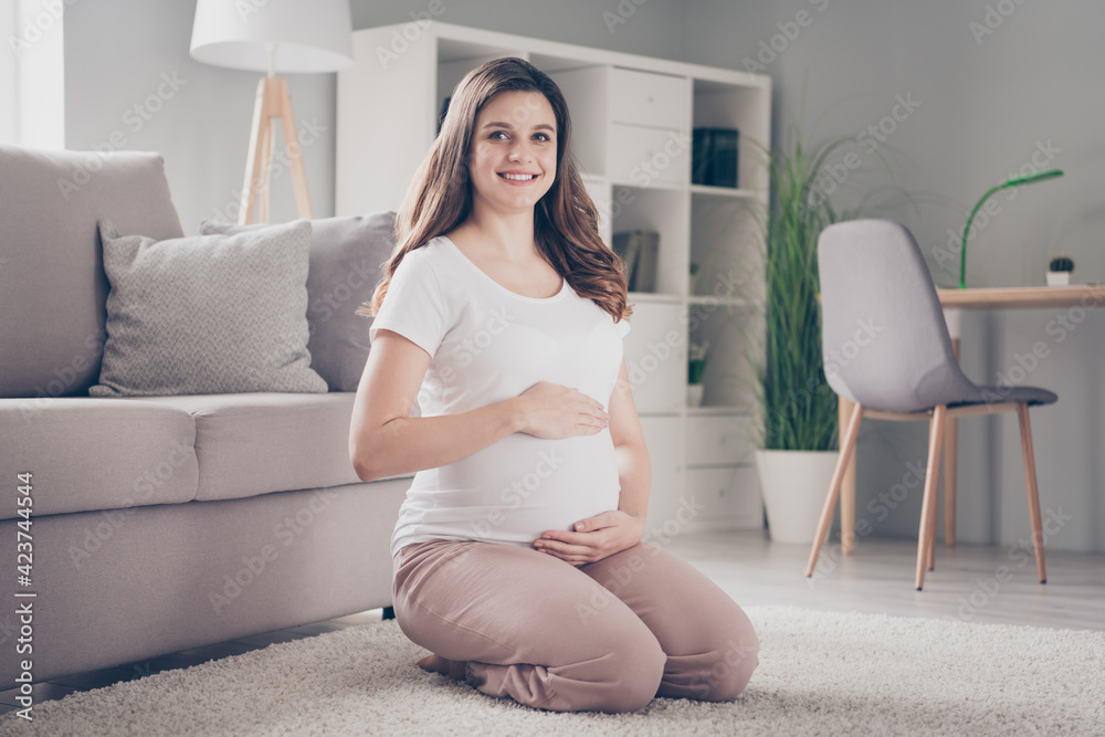 Full body portrait of pretty positive person sit on carpet arms touch belly have good mood home indoors Full body portrait of pretty positive person sit on carpet arms touch belly have good mood home indoors