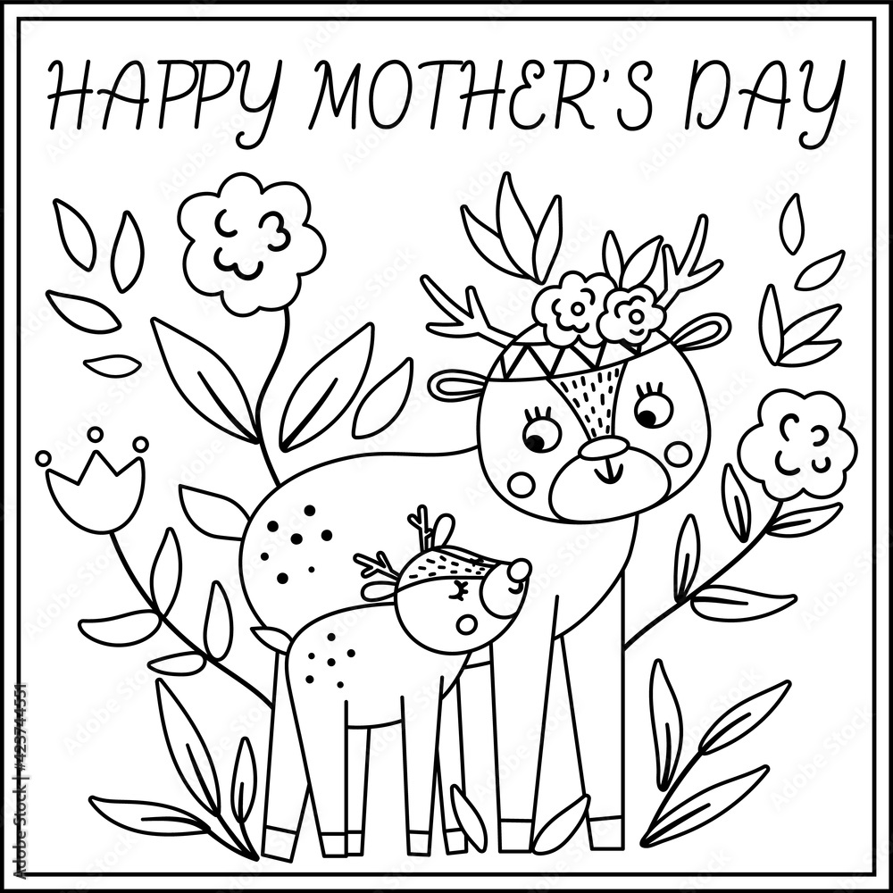 Vector black and white Mothers Day card with cute boho animal. Pre-made ...