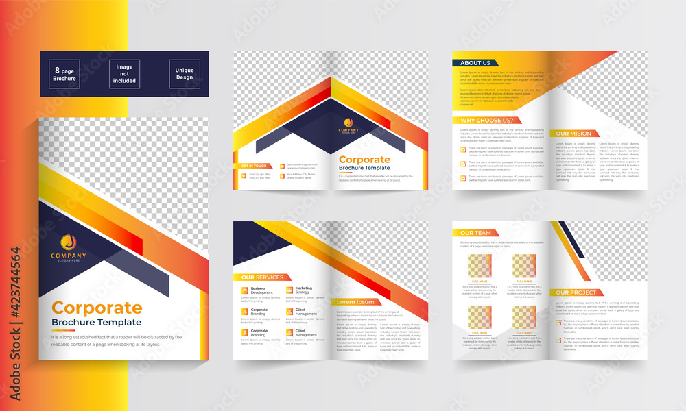 Business bifold brochure. Creative bi-fold pages brochure design. Corporate brochure template with modern, minimal and abstract design in A4 format.