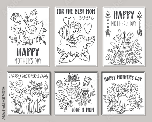 Collection of vector black and white Mothers Day cards with cute boho animals. Pre-made designs or coloring pages with woodland baby insects and birds with mothers. Bohemian style posters .