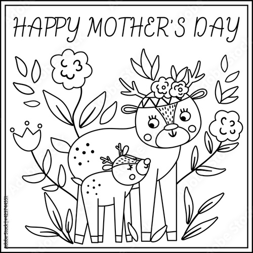 Vector black and white Mothers Day card with cute boho animal. Pre-made design or coloring page with woodland baby fawn and mother. Bohemian style line poster with deer family and flowers .