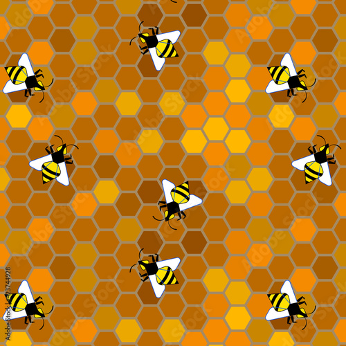 Bees on combs with honey. Seamless pattern.