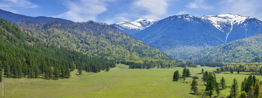 Panoramic view of mountain valley on spring day