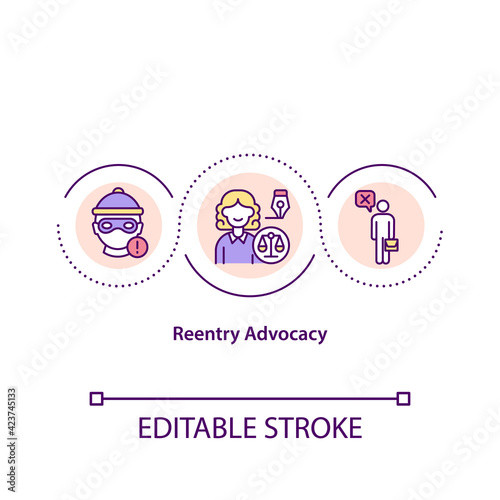 Reentry advocacy concept icon. Support for rehabilitated criminal, aid to find employment. Legal services idea thin line illustration. Vector isolated outline RGB color drawing. Editable stroke