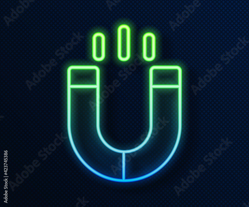 Glowing neon line Magnet icon isolated on blue background. Horseshoe magnet, magnetism, magnetize, attraction. Vector