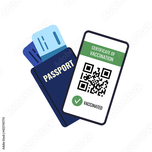 Certificate of vaccination and passport with tickets travel concept isolated on white. Health passport on mobile phone screen with qr-code pass check mark vaccinated. Flat design vector illustration.