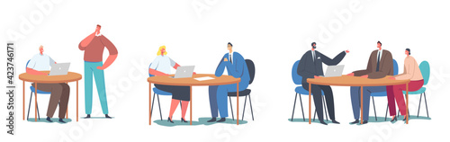 Set Work with Customers Concept. Office Managers or Clerks Sitting at Desk Communicate with Clients Offering Services