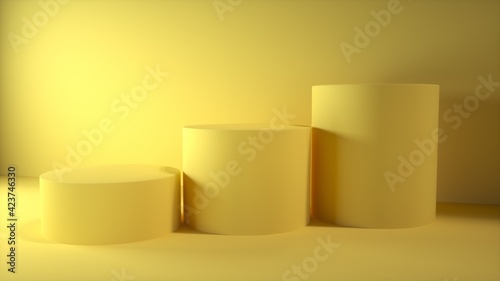 Empty podium studio yellow background for product display with copy space. Banner background for advertise sale product. 3D rendering