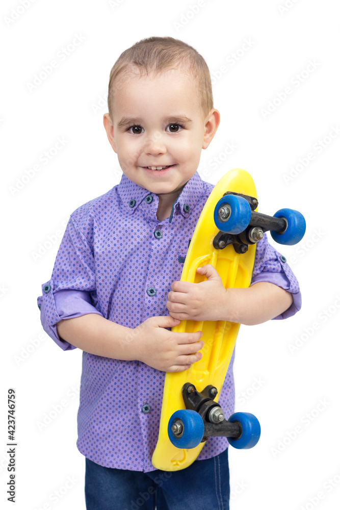 Child with skateboard in hands, isolate white background. Child with skateboard in hands, isolate white background.