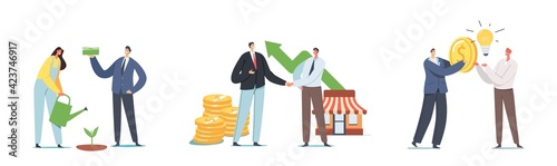 Set Invest in Startup. Businesspeople Characters Grow Project, Money Tree, Business Handshake, Change Idea on Money