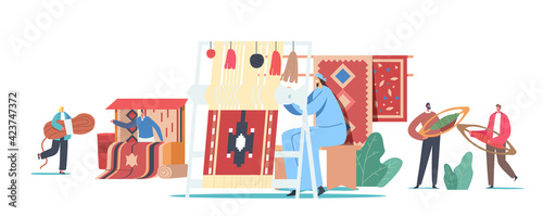 Characters Weaving Carpet on Handloom and Selling on Asian Bazaar. Traditional Oriental Art, Handmade Craft Rugs Making