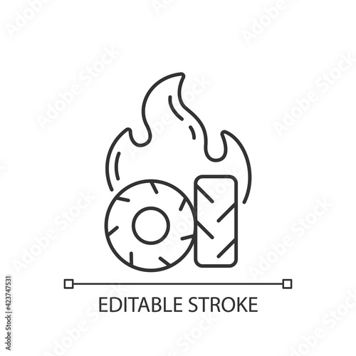 Burning tires linear icon. Tire fire emissions include pollutants such as carbon monoxide. Thin line customizable illustration. Contour symbol. Vector isolated outline drawing. Editable stroke