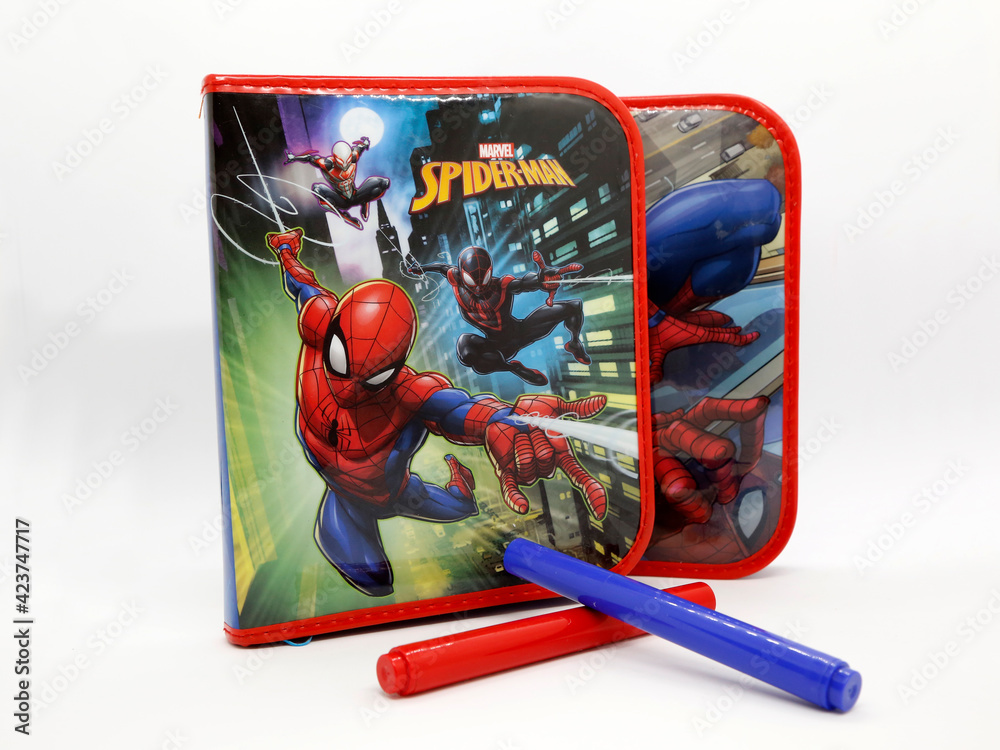 Fototapeta premium Title Spider-Man. Spider man. Toy. The Amazing Spider-Man. Comic. Movies. Peter parker. Superheroe. Super heroe. School pencil case for children. School supplies.