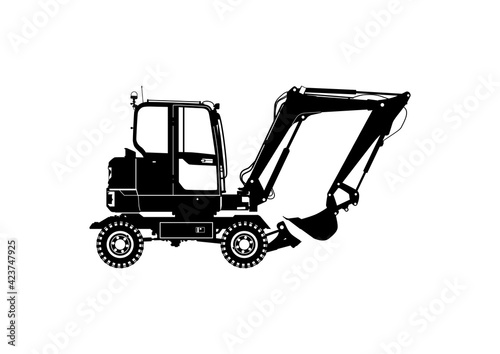 Silhouette of a modern wheeled excavator. Side view. Flat vector.