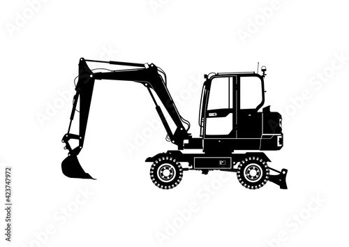 Silhouette of a modern wheeled excavator. Side view. Flat vector.