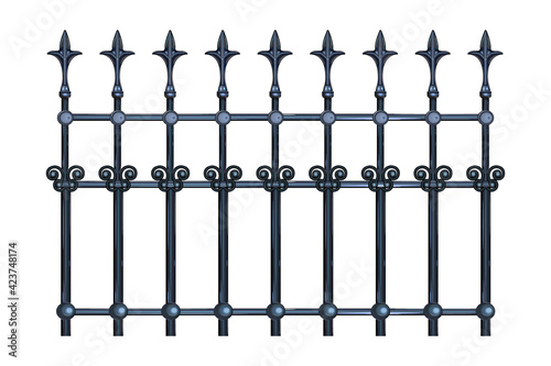 Decorative cast iron wrought fence with artistic forging isolated on white background. Metal guardrail. Steel modular railing. Vintage gate with swirls. Black forged lattice fence. Vector illustration