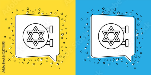 Set line Jewish synagogue building or jewish temple icon isolated on yellow and blue background. Hebrew or judaism construction with David star. Vector