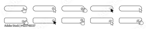 Set of web buttons with cursor and hand clicking. Linear button set with pointers. Vector collection