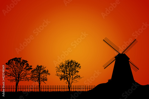 Landscape with windmill, trees and fence silhouette on orange sky background. Dutch rustic scenery with traditional old windmill at sunrise or sunset.Calm evening countryside.Stock vector illustration