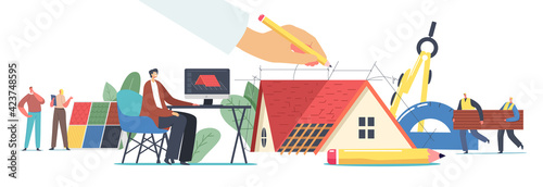Characters Projecting Roof Design for Cottage House. Graphic Designer Working on Computer in Engineering Program