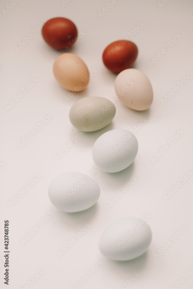 fresh chicken eggs of natural shades and colors on a white background. Happy Easter concept