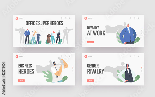Gender Sex Team Rivalry, Office Superheroes Landing Page Template Set. Confident Men and Women Opposition, Struggle